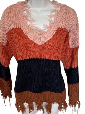 Clarisbelle Striped Distressed Multicolor Sweater Medium
